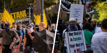 Identitäre auf einer Demo (links) und Islamisten auf einer Demo (rechts). (Foto: Ivan Radic/flickr/ CC BY 2.0, Jamie Kennedy/Wikipedia/ CC BY 2.0)