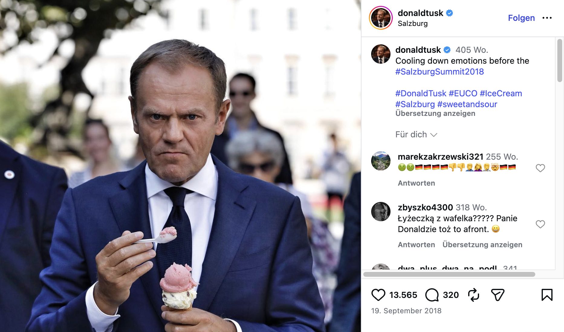 Donald Tusk beim Eis-Essen (Screenshot Instagram 19. September 2018)