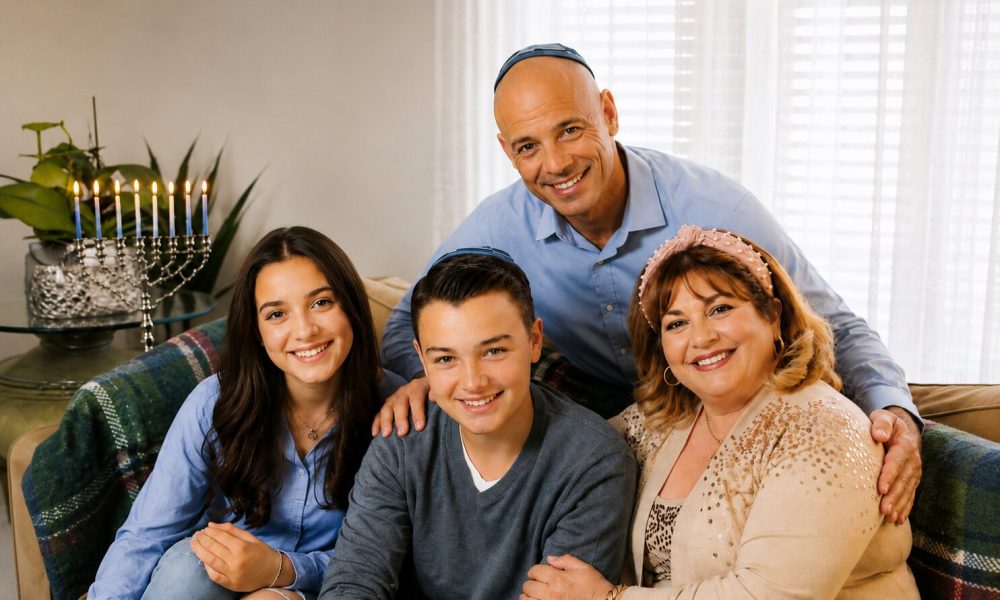 Eine jüdische Familie sitzt lächelnd gemeinsam im Wohnzimmer; die Kippas der beiden männlichen Familienmitglieder und der Chanukka-Leuchter im Hintergrund machen jüdisches Leben sichtbar. Das Bild ergänzt den Beitrag „Was ist Antisemitismus?“ und steht für die Auseinandersetzung mit Antisemitismus heute, antisemitischen Vorurteilen und der Ideologie hinter Judenfeindlichkeit.