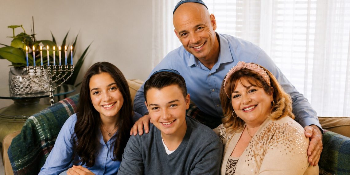 Eine jüdische Familie sitzt lächelnd gemeinsam im Wohnzimmer; die Kippas der beiden männlichen Familienmitglieder und der Chanukka-Leuchter im Hintergrund machen jüdisches Leben sichtbar. Das Bild ergänzt den Beitrag „Was ist Antisemitismus?“ und steht für die Auseinandersetzung mit Antisemitismus heute, antisemitischen Vorurteilen und der Ideologie hinter Judenfeindlichkeit.