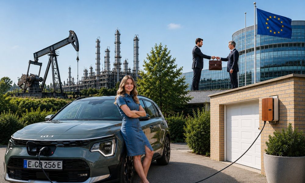 Ein Elektroauto wird vor einer Garage geladen, während im Hintergrund die fossile Industrie und politische Einflussnahme angedeutet werden. Die Collage zeigt den Konflikt zwischen Elektroautos, Autolobby und Verbrenner-Aus: Während Autohersteller öffentlich den Wandel zur Elektromobilität präsentieren, wird hinter den Kulissen weiter um politische Entscheidungen gerungen.