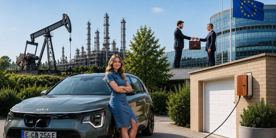 Ein Elektroauto wird vor einer Garage geladen, während im Hintergrund die fossile Industrie und politische Einflussnahme angedeutet werden. Die Collage zeigt den Konflikt zwischen Elektroautos, Autolobby und Verbrenner-Aus: Während Autohersteller öffentlich den Wandel zur Elektromobilität präsentieren, wird hinter den Kulissen weiter um politische Entscheidungen gerungen.