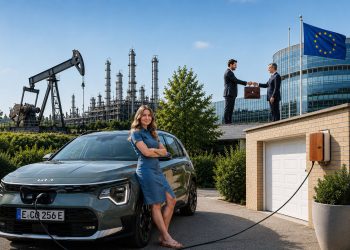 Ein Elektroauto wird vor einer Garage geladen, während im Hintergrund die fossile Industrie und politische Einflussnahme angedeutet werden. Die Collage zeigt den Konflikt zwischen Elektroautos, Autolobby und Verbrenner-Aus: Während Autohersteller öffentlich den Wandel zur Elektromobilität präsentieren, wird hinter den Kulissen weiter um politische Entscheidungen gerungen.