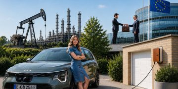 Ein Elektroauto wird vor einer Garage geladen, während im Hintergrund die fossile Industrie und politische Einflussnahme angedeutet werden. Die Collage zeigt den Konflikt zwischen Elektroautos, Autolobby und Verbrenner-Aus: Während Autohersteller öffentlich den Wandel zur Elektromobilität präsentieren, wird hinter den Kulissen weiter um politische Entscheidungen gerungen.