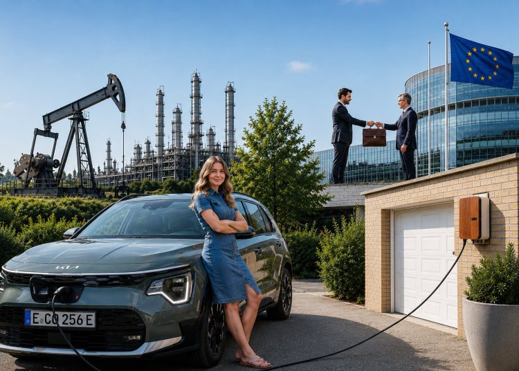Ein Elektroauto wird vor einer Garage geladen, während im Hintergrund die fossile Industrie und politische Einflussnahme angedeutet werden. Die Collage zeigt den Konflikt zwischen Elektroautos, Autolobby und Verbrenner-Aus: Während Autohersteller öffentlich den Wandel zur Elektromobilität präsentieren, wird hinter den Kulissen weiter um politische Entscheidungen gerungen.