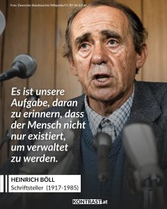 Heinrich Böll war einer der großen deutschen Schriftsteller der Nachkriegszeit – ein genauer Beobachter eines Landes, das nach 1945 moralisch, politisch und gesellschaftlich neu beginnen musste. In Romanen und Erzählungen wie "Billard um halb zehn", "Ansichten eines Clowns" oder "Die verlorene Ehre der Katharina Blum" schrieb er über Krieg, Schuld, katholische Enge, soziale Heuchelei und die Macht der Medien. 1972 erhielt er den Literaturnobelpreis – als Stimme einer Generation, die nicht vergessen wollte, was Deutschland gewesen war. Zitat: Es ist unsere Aufgabe, daran zu erinnern, dass der Mensch nicht nur existiert, um verwaltet zu werden. Heinrich Böll