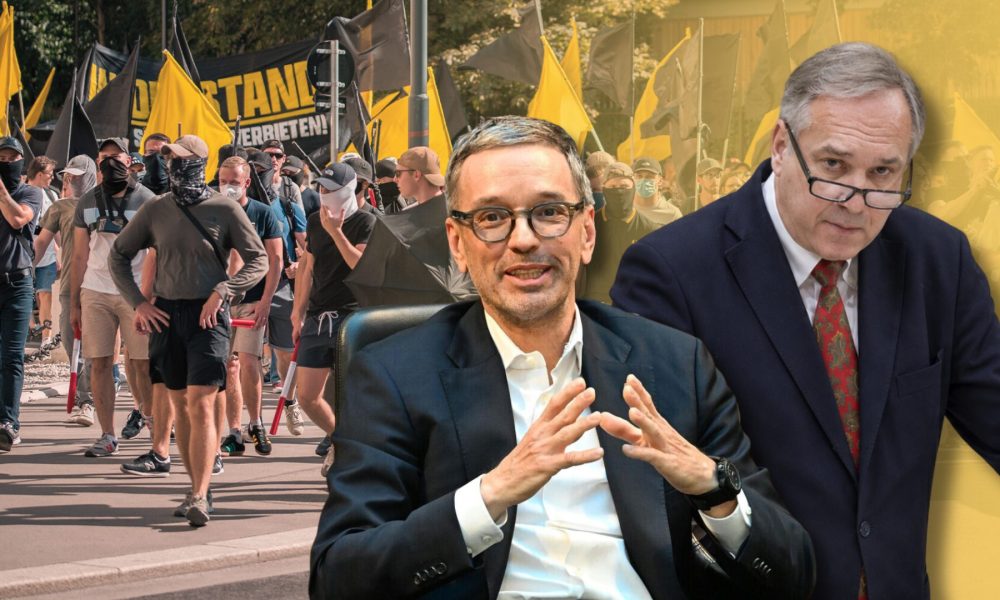 Identitäre auf einer Demonstration in Wien. Ihre Anhänger sind auch Mitarbeiter im FPÖ-Parlamentsklub. (Foto: Helmut Fohringer/APA/Picturedesk; Ivan Radic/flickr/ CC BY 2.0; Parlamentsdirektion/Thomas Jantzen - Montage)