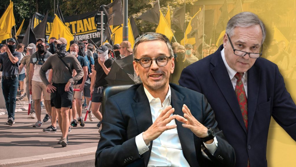 Identitäre auf einer Demonstration in Wien. Ihre Anhänger sind auch Mitarbeiter im FPÖ-Parlamentsklub. (Foto: Helmut Fohringer/APA/Picturedesk; Ivan Radic/flickr/ CC BY 2.0; Parlamentsdirektion/Thomas Jantzen - Montage)