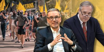Identitäre auf einer Demonstration in Wien. Ihre Anhänger sind auch Mitarbeiter im FPÖ-Parlamentsklub. (Foto: Helmut Fohringer/APA/Picturedesk; Ivan Radic/flickr/ CC BY 2.0; Parlamentsdirektion/Thomas Jantzen - Montage)