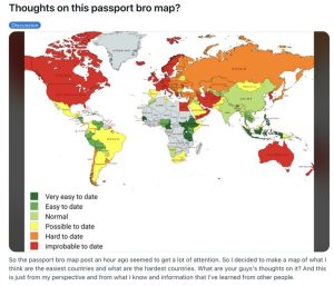 Passport Bros Weltkarte zum Dating: Eine in der Passport-Bros-Community geteilte Weltkarte bewertet Länder danach, wie leicht oder schwierig Männer dort angeblich Frauen kennenlernen können. Quelle: Reddit; Screenshot 25. Juni 2026