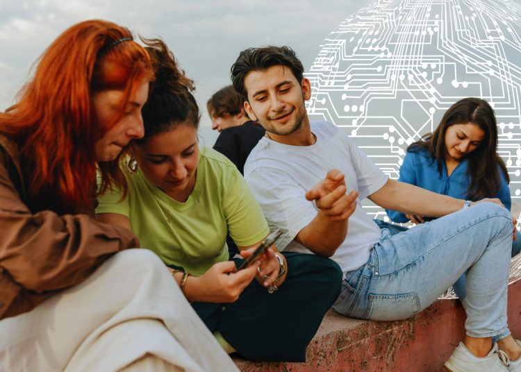 Neue KI-Verordnung will es leichter machen, KI zu erkennen. (Bild: Junge Menschen sitzen an Straßenrand mit Smartphones; Foto: Unsplash)