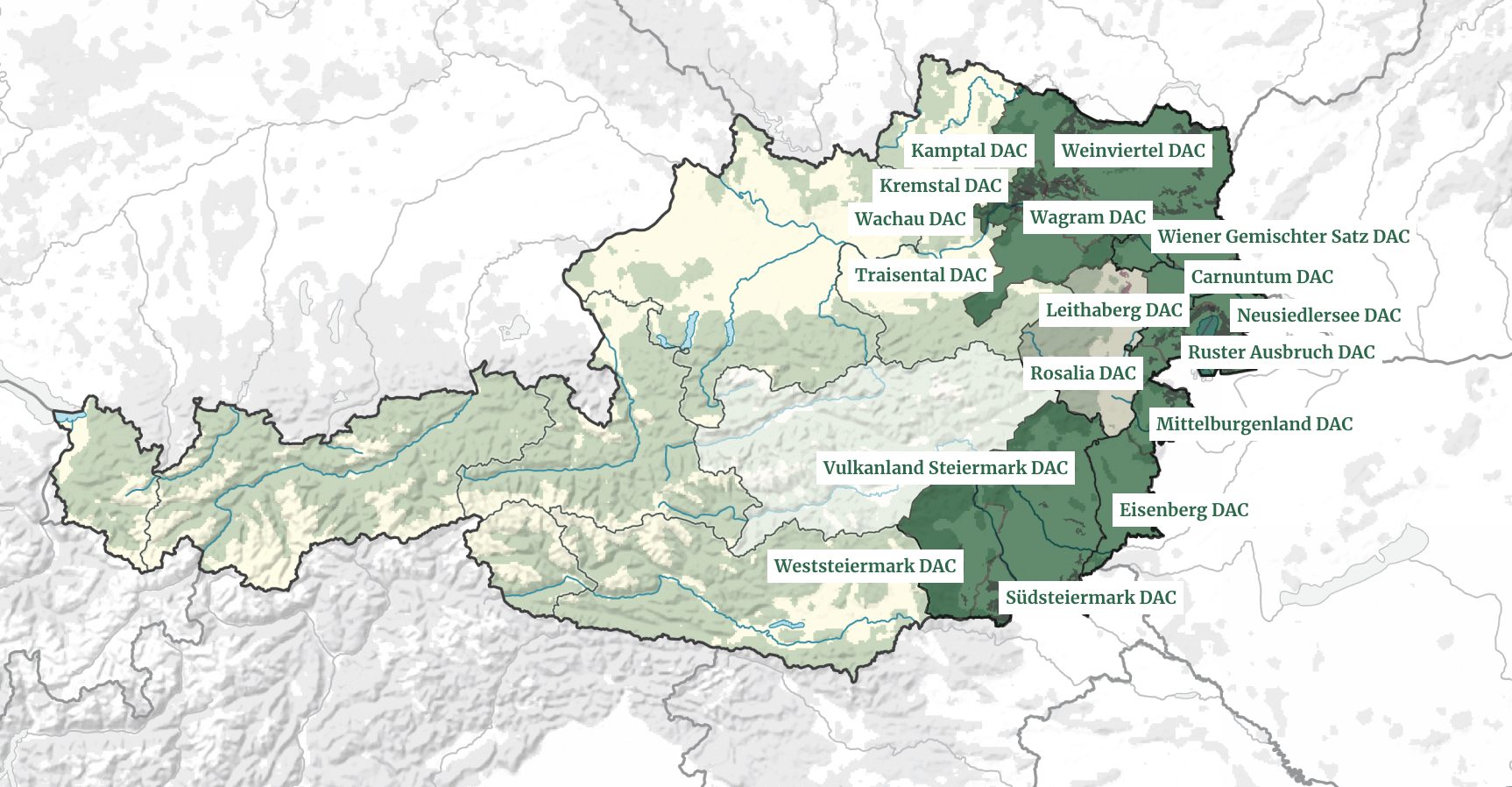 Spezifische DAC-Weinherkünfte: DAC steht für „Districtus Austriae Controllatus“ und ist die gesetzliche Herkunftsbezeichnung für gebietstypische Qualitätsweine aus Österreich. (Foto: Screenshot Österreich Wein)