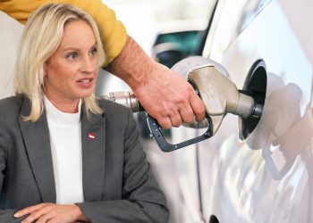 Staatssekretärin und Regierungskoordinatorin Michaela Schmidt (SPÖ) erklärt die Spritpreisbremse. (Foto: BMWKMS/ Schlögl; Unsplash/Engin Akyurt)