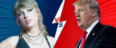 Bild zeigt Taylor Swift und Donald Trump. In der Mitte ist ein Blitz mit "versus" zu sehen.